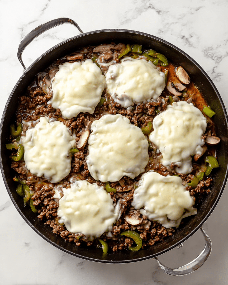 A black pan sits on a white marbled surface, filled with cooked ground beef mixed with green bell pepper strips and sliced mushrooms as the bottom layer. On top, there are six round slices of white melted cheese spreading slightly over the meat mixture, each cheese layer having a soft and bubbly texture. The dark pan contrasts with the creamy white cheese and colorful cooked vegetables, making the dish look warm and hearty. Photo taken with an iphone --ar 4:5 --v 7