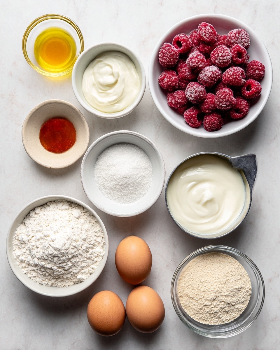 The image shows nine ingredients laid out on a white marbled surface. There is a white bowl filled with bright red frozen raspberries covered with frost at the top right. Below it, a metal measuring cup holds smooth, white sour cream with a shiny surface. Next to it, a small round white bowl contains fine white salt. To the left, there is a small beige dish with white baking powder. Below that, a larger white bowl is filled with powdery white flour, and below it, two brown eggs rest on the surface. To the right of the flour, a white bowl contains granulated pale beige sugar. Above the flour bowl, a small glass bowl holds golden yellow oil, and above that, a smaller glass bowl is filled with amber-colored vanilla extract. The items are neatly arranged with clear separation, seen from above in bright, natural light. photo taken with an iphone --ar 4:5 --v 7
