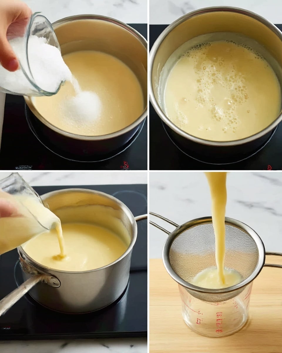 This image shows four steps of making a smooth cream sauce in a metal pot on a black stove. The first frame at top left shows a woman's hand pouring white sugar into a pale beige liquid in the pot. The second frame at top right shows the liquid bubbling and thickening slightly with a creamy pale yellow color. The third frame at bottom left shows a woman’s hand pouring more creamy liquid into the pot, which has a smooth, thick, yellowish texture. The fourth frame at bottom right shows the thick creamy yellow sauce being poured through a fine metal sieve into a clear glass measuring cup on a light wood surface. The background is a white marbled texture. photo taken with an iphone --ar 4:5 --v 7