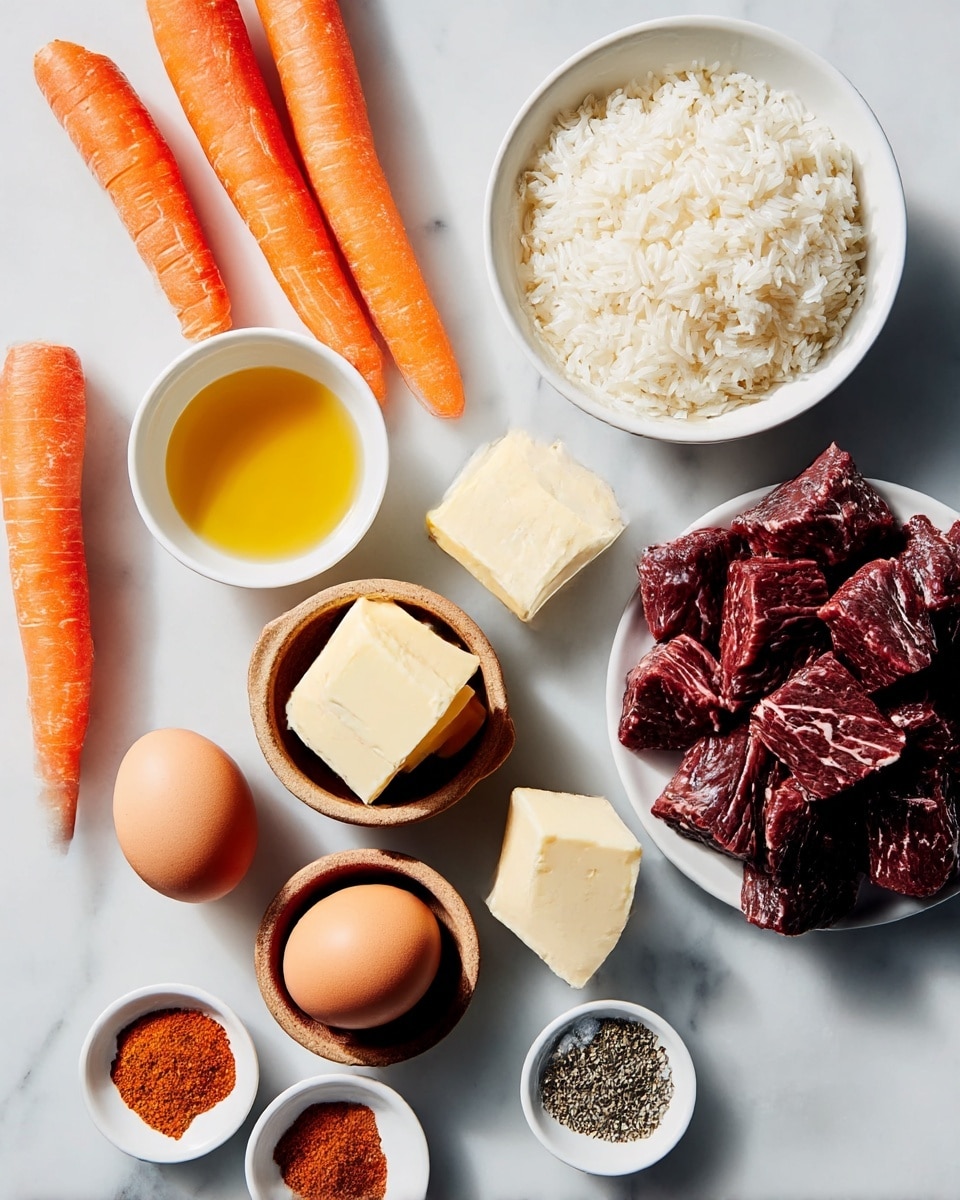 The image shows a recipe layout on a white marbled surface with several ingredients arranged neatly. On the top left, there are three whole bright orange carrots lying side by side. To their right is a white bowl filled with cooked white rice, positioned near the top right corner. Below the carrots, a small white bowl contains a golden yellow oil. Next to it, a pile of raw dark red meat chunks with visible marbling sits on the right side. Near the bottom left, there are two whole brown eggs close to each other. Above the eggs, a small earthenware dish holds two blocks of pale yellow butter. To the right of the eggs, a small white bowl has a heap of white salt. Below that, two small white dishes hold dry spices: one with a mix of reddish-orange and white powder and the other with black pepper. The ingredients are cleanly arranged and the photo looks bright and clear, taken with an iphone --ar 4:5 --v 7