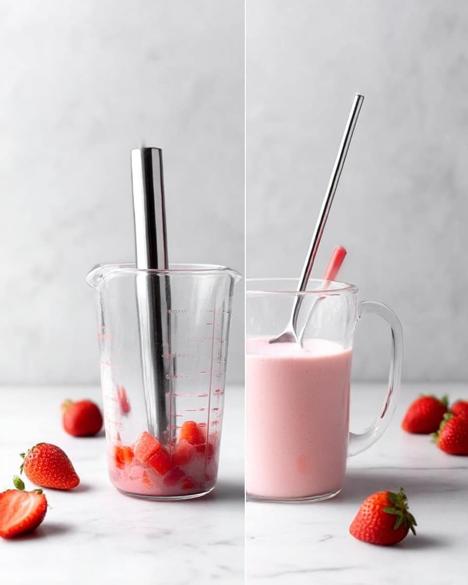 The first image shows a clear glass measuring cup on a white marbled surface with small red strawberry pieces at the bottom, and a shiny metal muddler standing upright inside it. The second image shows the same glass measuring cup filled with smooth, light pink strawberry milk. A metal spoon with a red tip is inside the cup, resting against the inside edge. There are whole strawberries placed around the cup on the white marbled surface. Photo taken with an iphone --ar 4:5 --v 7