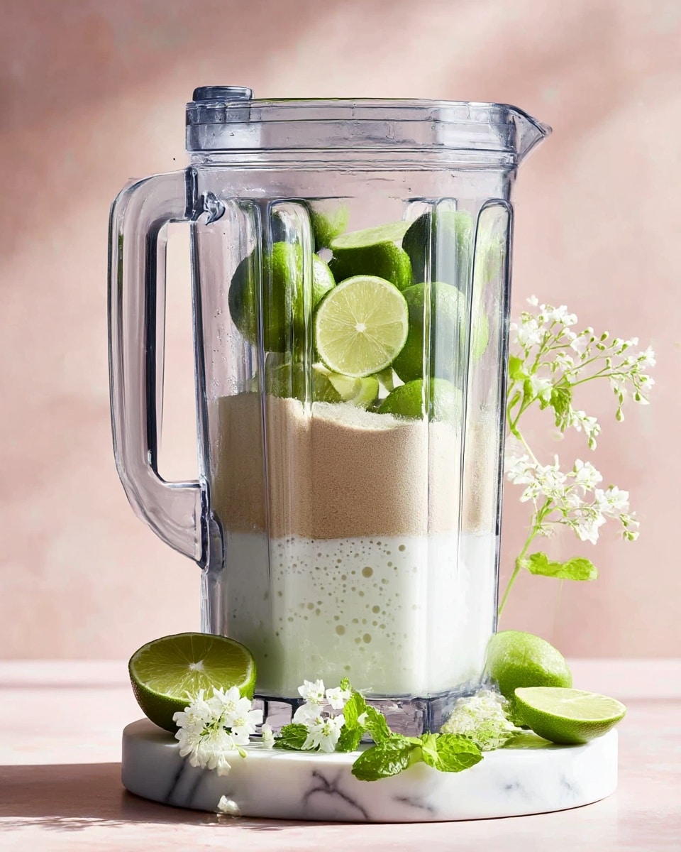 A clear blender jar shows multiple layers inside against a soft pink background with a white marbled white base. The bottom layer is white milk with small bubbles, topped by a light brown powder layer, then several whole green limes are visible on the upper part. Outside, there are lime slices, white edible flowers, and green mint leaves placed decoratively on the white marbled base. The blender has a clear handle on the left side, and the image has natural lighting. photo taken with an iphone --ar 4:5 --v 7