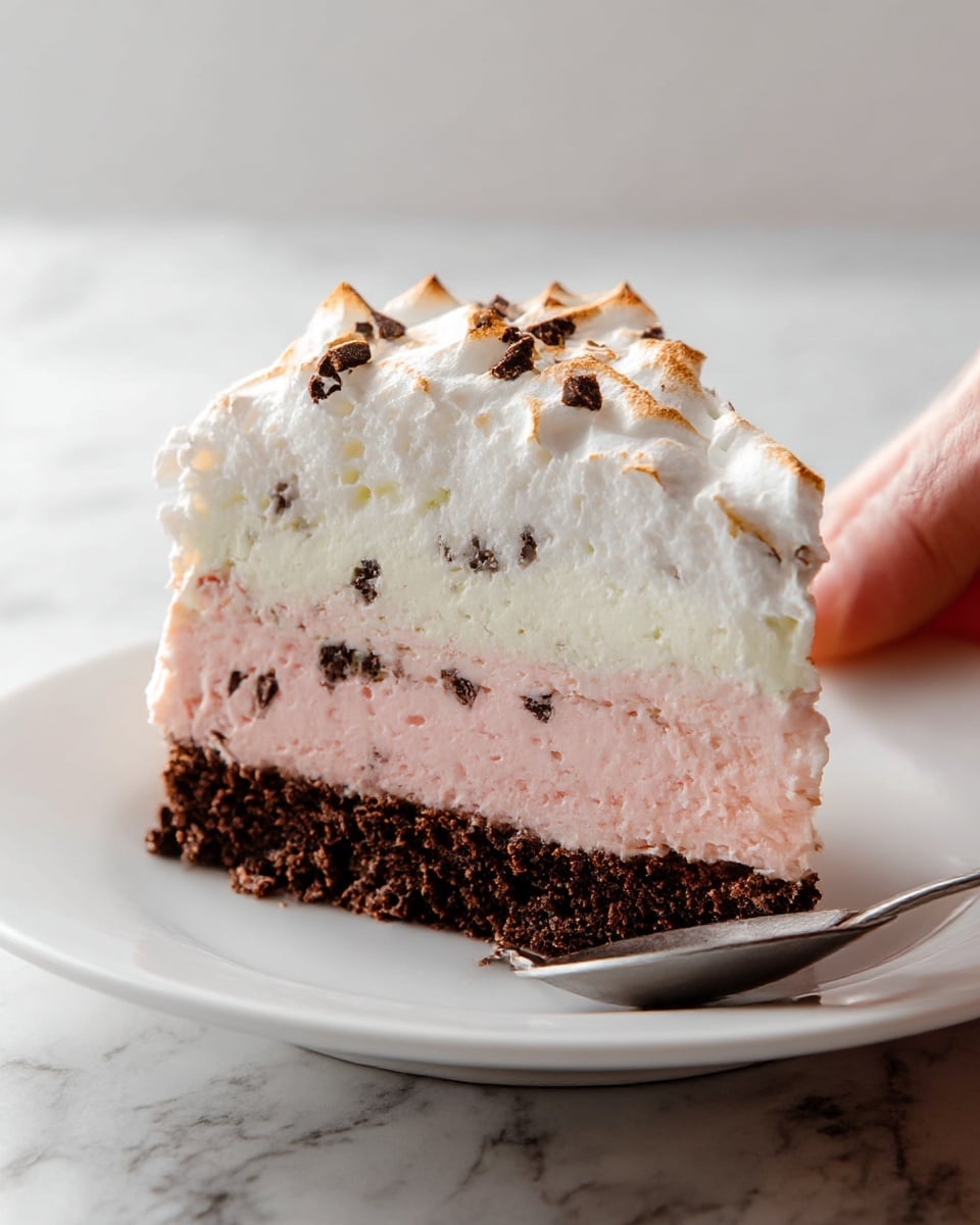 A close-up view of a three-layered slice of dessert on a white plate, showing a dark brown, rich-looking base layer with a crumbly texture. Above that is a thick middle layer of smooth, light pink ice cream. On top is a creamy white layer with small dark chocolate pieces scattered throughout. The whole slice is covered with a fluffy, white toasted topping with golden-brown edges that looks soft and slightly crisp. The dessert sits on a white marbled surface, and a woman's hand is gently holding the plate's edge with a spoon ready to serve. Photo taken with an iphone --ar 4:5 --v 7