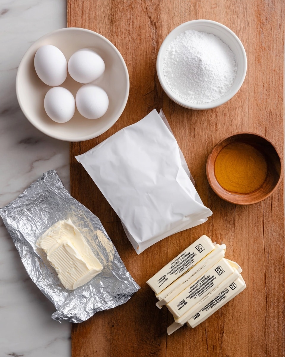 The image shows baking ingredients arranged on a wooden table. There is a white bowl with three white eggs in the top left corner and a white bowl filled with white powdered sugar in the top right corner. In the center is a wrapped white paper packet. Below it to the left is a partially opened silver foil pack with a white creamy substance, likely cream cheese. To the right, there are four sticks of white butter with black text on the wrappers stacked casually. A small wooden bowl containing a golden liquid, likely syrup or honey, is placed between the powdered sugar bowl and the butter sticks. The background is a white marbled texture. photo taken with an iphone --ar 4:5 --v 7