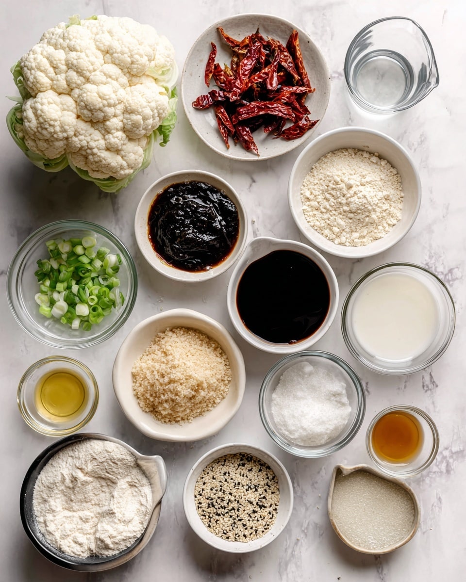 A medium head of cauliflower sits at the top left on a white marbled surface. Surrounding it are multiple small white bowls and glass containers holding various ingredients: a bowl of dark brown hoisin sauce with a glossy texture, a small bowl with whole red chillis, another with crispy, light beige gluten-free breadcrumbs, and a tiny bowl with a mix of white and black sesame seeds. Fresh green chopped scallions are in a small clear bowl, near a transparent cup of unsweetened almond milk with a creamy white color. There is a small white dish of sesame oil with a golden yellow hue, a bowl of raw unrefined brown sugar showing a coarse texture, and another with minced garlic and grated ginger that are pale yellow and light brown. A small metal dish holds white cornstarch, while a medium white bowl contains an all-purpose gluten-free flour mix, fluffy and white. Transparent water is in a glass container near rice wine vinegar, pale and slightly yellowish in a white dish. Light soy sauce, very dark brown and glossy, fills a small bowl. Sea salt and black pepper sit in a small clear dish, with garlic powder in a nearby bowl. The whole arrangement is neat and organized on the white marbled texture background. Photo taken with an iphone --ar 4:5 --v 7