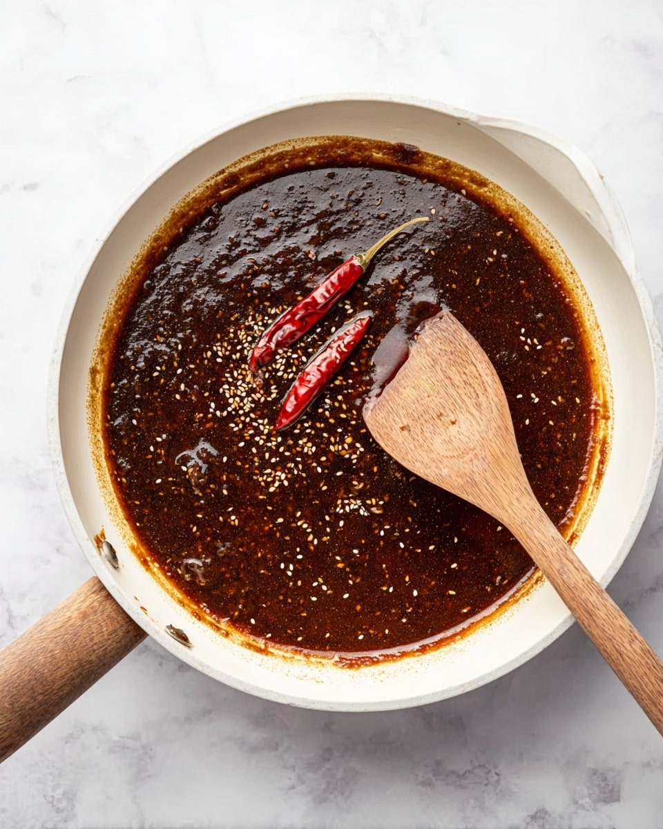 A white pan filled with a thick dark brown sauce that has sesame seeds scattered throughout. Two small red chili peppers lay on the sauce near the top center of the pan. A wooden spoon rests on the sauce inside the pan, with its handle extending out over the pan's edge. The pan sits on a white marbled surface, and the sauce has a glossy, slightly oily texture. photo taken with an iphone --ar 4:5 --v 7