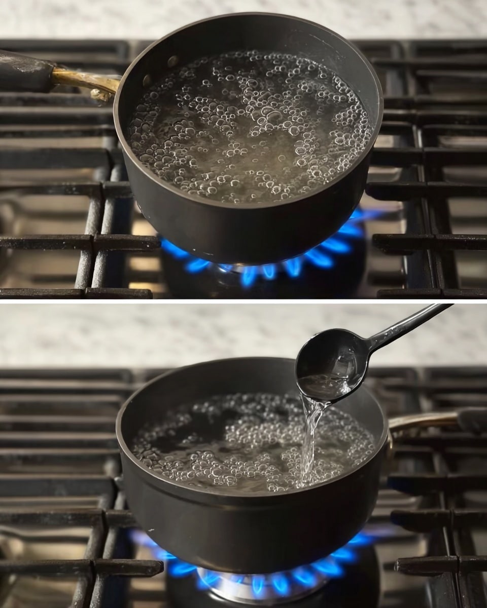 The image shows two close-up views of a small black pot on a stove with blue flames underneath. In the first view, the pot is full of water boiling with many bubbles on the surface, and the metal stove rack holds the pot. In the second view, the water is calmer with some small bubbles, and a black measuring spoon is held above the pot as if adding something to the water. The background is a white marbled texture. photo taken with an iphone --ar 4:5 --v 7