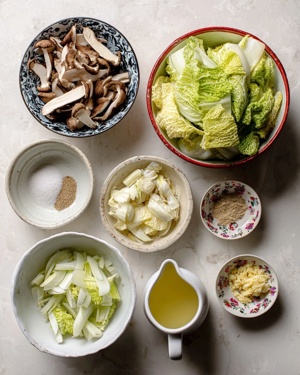 The image shows several white bowls and small containers arranged on a white marbled surface, each holding different ingredients. Starting from the top left, a white bowl with a blue and black pattern is filled with thick, sliced shiitake mushrooms, showing layers of brown and white textures. To the right, a white bowl with red on the inside is heaped with bright green napa cabbage leaves, the leaves have a crinkled texture and pale veins. Below it, a plain white bowl holds chopped napa cabbage stems, which are light green and white with a crisp texture. Next to this bowl, a small white bowl contains a mix of fine salt and shiitake mushroom bouillon powder, showing white and light brown granules. To the right, a small white bowl with a floral pattern on the inside holds minced garlic and ginger, finely chopped and pale yellow to light beige in color. Below it, a small white cup filled with light yellow chicken stock mixed with starch sits beside a white small pitcher filled with translucent avocado oil, pale greenish-yellow in color. All items are neatly placed on the white marbled surface. Photo taken with an iphone --ar 4:5 --v 7