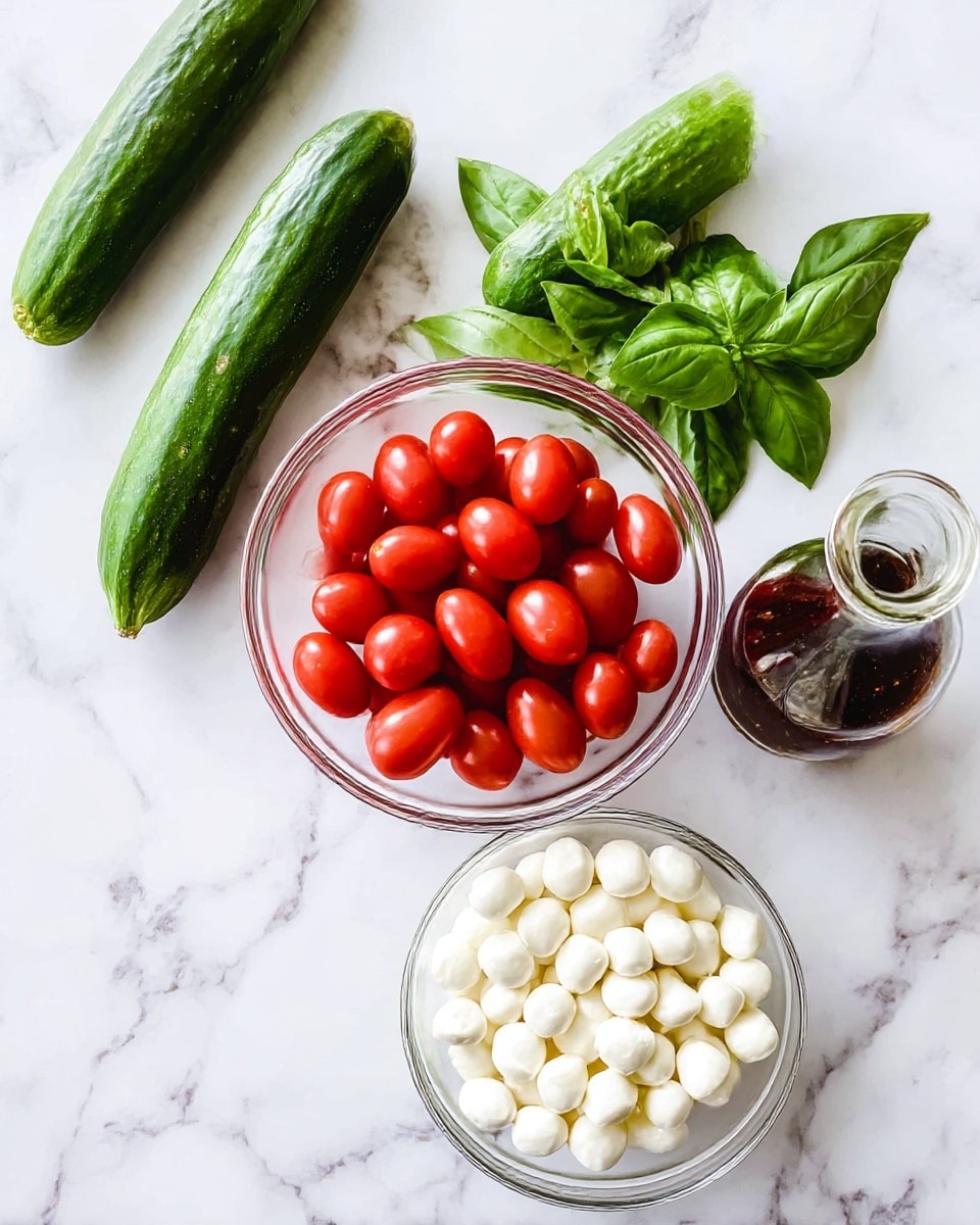The image shows fresh ingredients arranged on a white marbled surface: two whole green cucumbers placed diagonally at the top left, a small bunch of fresh green basil leaves underneath them, a clear glass bowl filled with bright red grape tomatoes in the center, another clear glass bowl below it filled with small white mozzarella balls, and a clear glass bottle with dark brown dressing on the top right side photo taken with an iphone --ar 4:5 --v 7