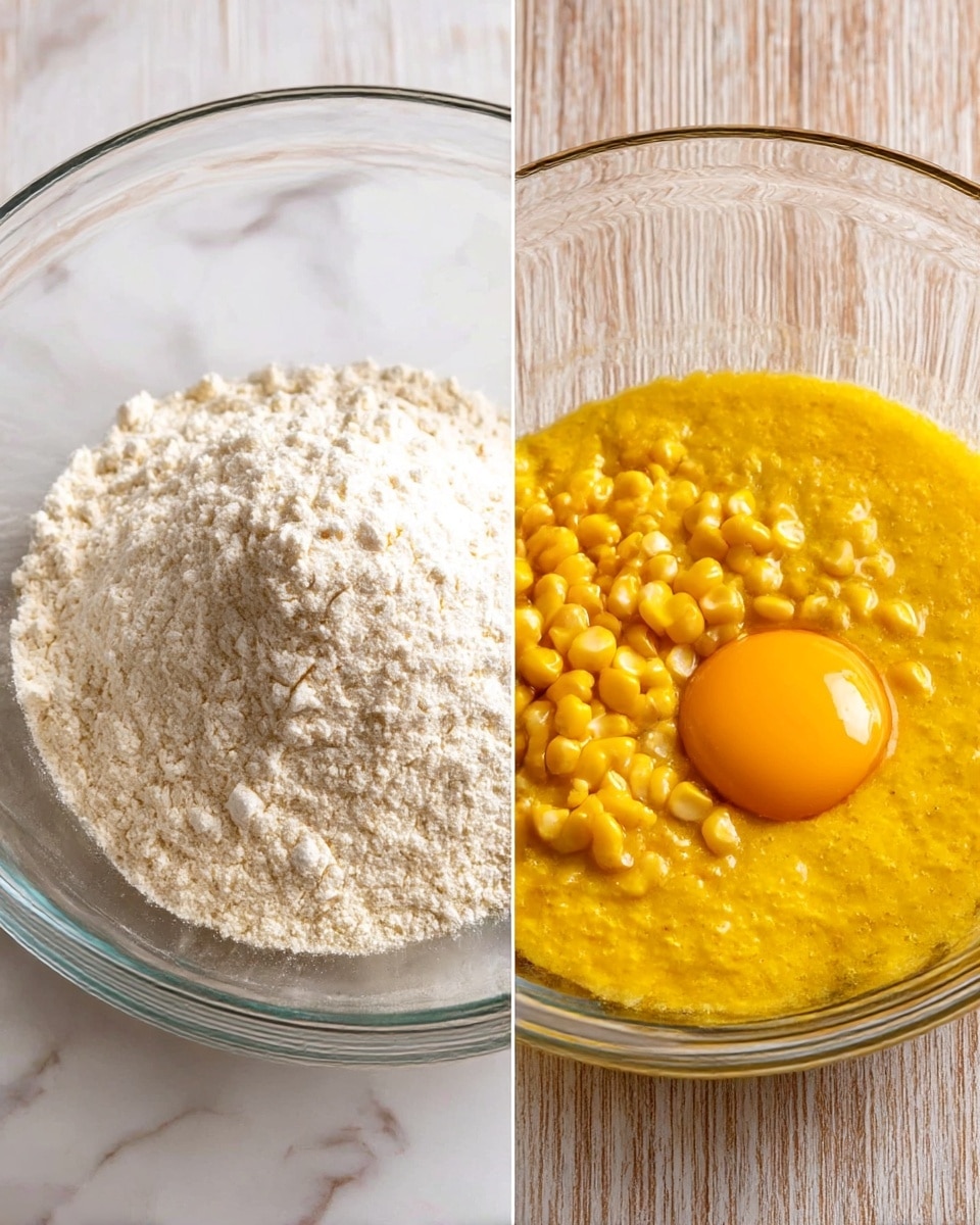 The image shows two clear glass bowls on a white marbled surface with wooden texture in the background. The bowl on the left has three layers of dry white flour, baking powder, and salt, with the baking powder forming a small mound in the center. The bowl on the right contains five layers: a layer of bright yellow wet corn mixture, a raw egg yolk sitting on the left side, bright yellow whole corn kernels piled on the right side, and a dark brown syrupy layer near the top right edge, all surrounded by the yellow wet mixture. Photo taken with an iphone --ar 4:5 --v 7