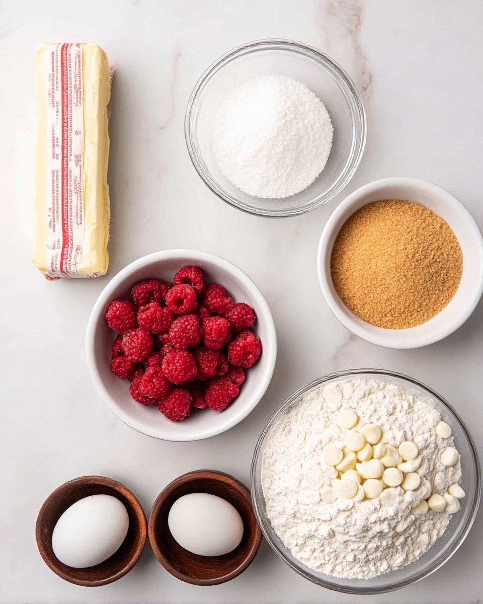 The image shows seven bowls arranged on a white marbled surface. On the top left is a stick of butter wrapped in paper with red and white markings. To its right is a small clear glass bowl filled with white granulated sugar. Next to that on the top right is a small white bowl filled with packed light brown sugar. Below the butter, on the middle left, is a white bowl filled with red frozen raspberries. Beside it on the middle right is a white bowl filled with white chocolate chips that are smooth and rounded. On the bottom left, two small brown wooden bowls hold a white powder (likely baking powder) and a white egg respectively, stacked vertically. On the bottom right is a larger clear glass bowl filled with white flour that looks fine and powdery. Photo taken with an iphone --ar 4:5 --v 7