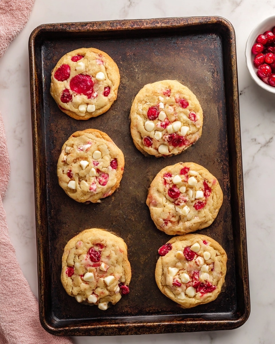 Six freshly baked cookies sit on a dark metal baking tray with a worn, rustic look. Each cookie is round and thick, showing a soft texture with a light golden-brown color. They have bright red berry pieces scattered on top and mixed inside, along with small white chunks that appear melted in some parts. The top left cookie has a bigger, more concentrated red berry spot, while others have smaller red and white spots spread across. The tray rests on a white marbled surface with a soft pink towel to the left and a white bowl with more red berries partially visible on the right side. Photo taken with an iphone --ar 4:5 --v 7