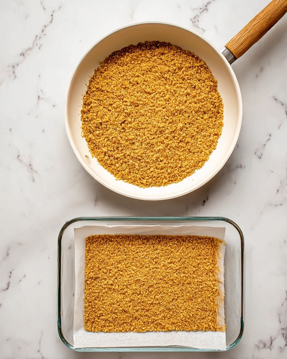 The image shows two layers of finely crumbled, golden brown crumbs with a rough texture. The top layer is spread evenly inside a white frying pan with a wooden handle, filling the pan completely. Below it, a second layer is pressed flat and smooth inside a clear rectangular glass dish lined with white parchment paper, covering the base evenly. Both layers sit against a white marbled surface. The overall look is simple, with warm golden tones contrasted by the clean white background and containers. photo taken with an iphone --ar 4:5 --v 7