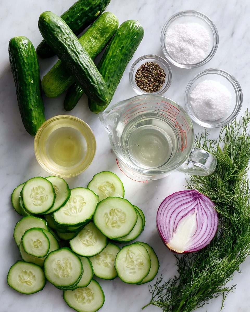 The image shows several fresh cucumbers, some whole and some cut into thin round slices with light green centers and darker green edges, spread on a white marbled surface. A clear glass measuring cup filled with a transparent liquid labeled vinegar is placed near the cucumbers. There are small glass bowls holding white sugar, salt, and ground black pepper, each with a distinct texture visible. A half-cut red onion with purple outer layers and white inner rings lies near a bunch of fresh dark green dill sprigs. A clear glass holds yellow water beside the ingredients, all arranged neatly on the white marbled texture. photo taken with an iphone --ar 4:5 --v 7