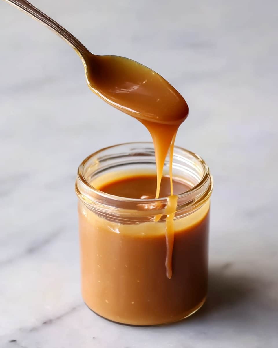 A clear glass jar filled with smooth, thick caramel sauce in a warm golden brown color, about three-quarters full, sits on a white marbled surface. A metal spoon holds some of the caramel above the jar, with the caramel slowly dripping down from the spoon in a glossy, rich stream. The texture looks creamy and shiny as light reflects off the surface of the sauce and spoon. photo taken with an iphone --ar 4:5 --v 7