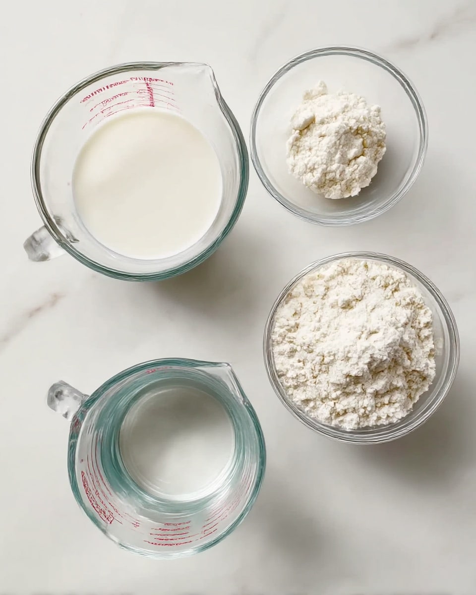 The image shows five clear glass bowls and measuring cups placed on a white marbled surface, each containing different baking ingredients. The top right large bowl is filled with white flour, with a soft, powdery texture. To the top right side, a small bowl holds a white powder, likely baking powder, with a fine grain. Below it, a small bowl contains coarse white salt. On the left side, a medium-sized glass measuring cup filled with white milk has measurement markings on the side. Below that, a larger glass measuring cup contains clear water, also marked with measurements. The scene is well-lit, highlighting the clean, smooth textures of the ingredients and glass containers, all arranged neatly without any lids. Photo taken with an iphone --ar 4:5 --v 7