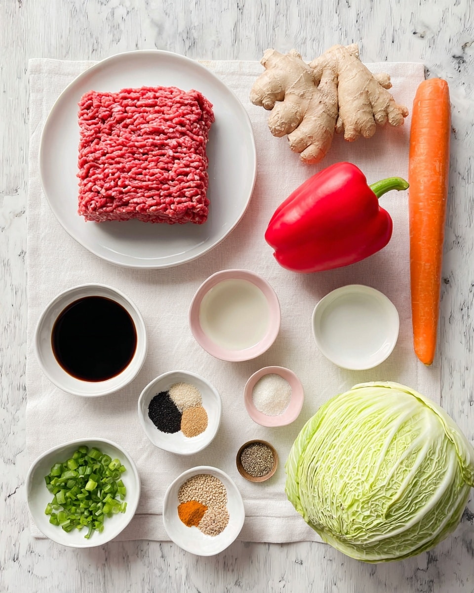 The image shows raw ingredients carefully arranged on a white cloth over a white marbled surface. At the top left, a white plate holds a square-shaped mound of red ground meat with clear texture lines. To the right of the plate, there is a bright red bell pepper and a piece of light brown ginger. Below the meat, a small white bowl contains a dark soy sauce, while next to it, another white bowl holds a clear liquid. A small pastel pink dish holds pale sesame seeds. At the bottom left, a white bowl is filled with chopped green spring onions. Next to it, a small round plate displays five different spices: black, beige, dark brown, and light tan powders organized in small piles. To the right, there is a pale green textured cabbage head and an orange carrot with a rough skin. Photo taken with an iphone --ar 4:5 --v 7