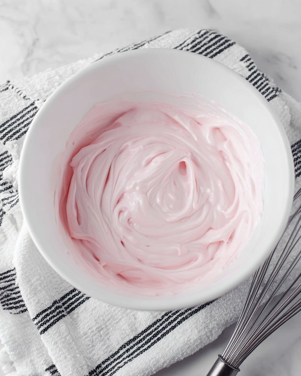 A white bowl filled with a smooth, fluffy, light pink whipped mixture that swirls around the bowl, showing soft peaks and gentle folds in the texture. The bowl rests on a white cloth with black stripes and a metal whisk is placed nearby. The background has a white marbled texture. photo taken with an iphone --ar 4:5 --v 7