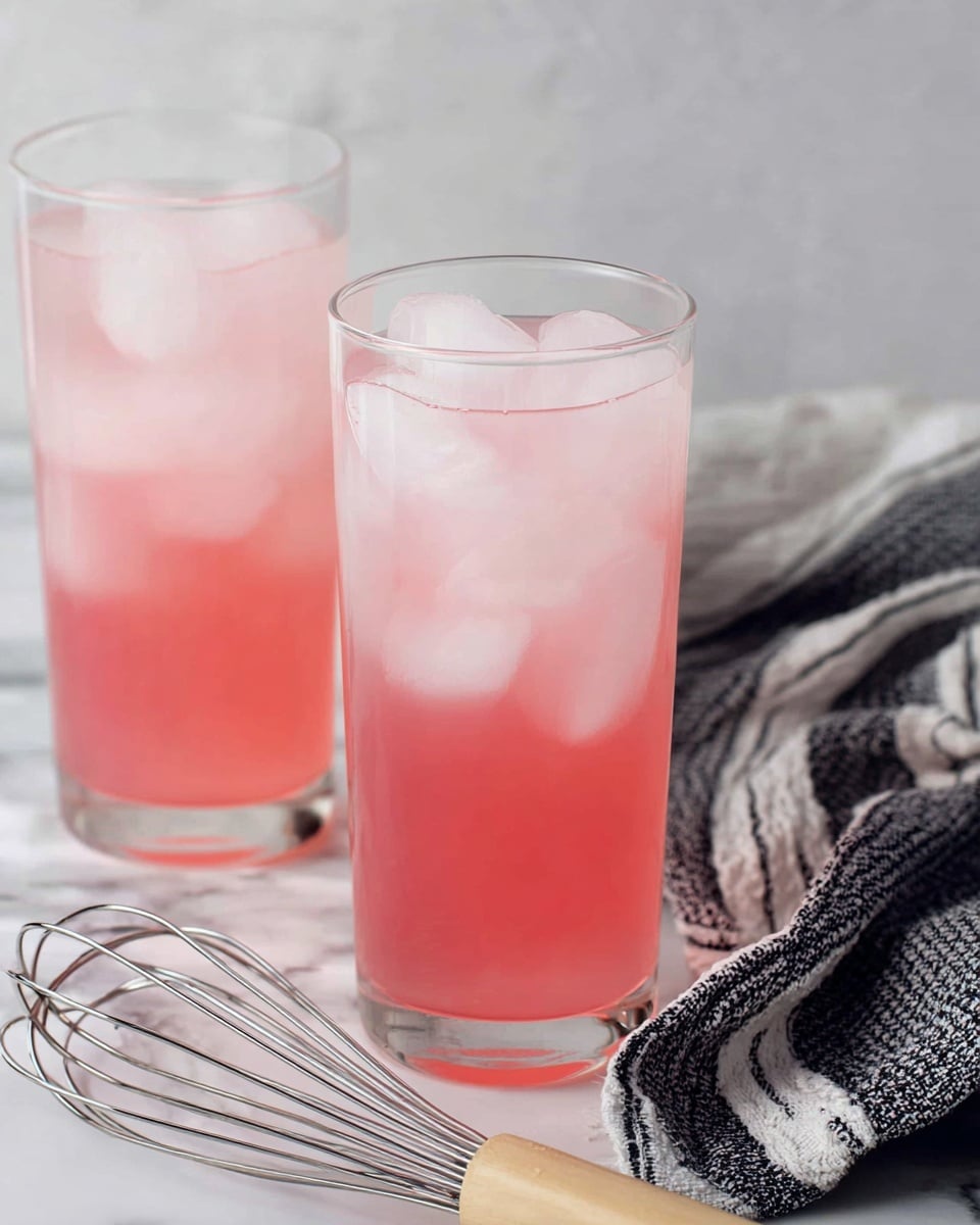 Two tall clear glasses filled halfway with light pink liquid and several clear ice cubes, showing a smooth texture of the drink. The glasses have a slight curve on the top edges and stand on a white marbled surface. In front of the glasses, there is a black and white striped cloth under a metal whisk with a wooden handle, adding a casual kitchen feel. The background is softly blurred with a white color, keeping focus on the refreshing pink drinks. Photo taken with an iphone --ar 4:5 --v 7