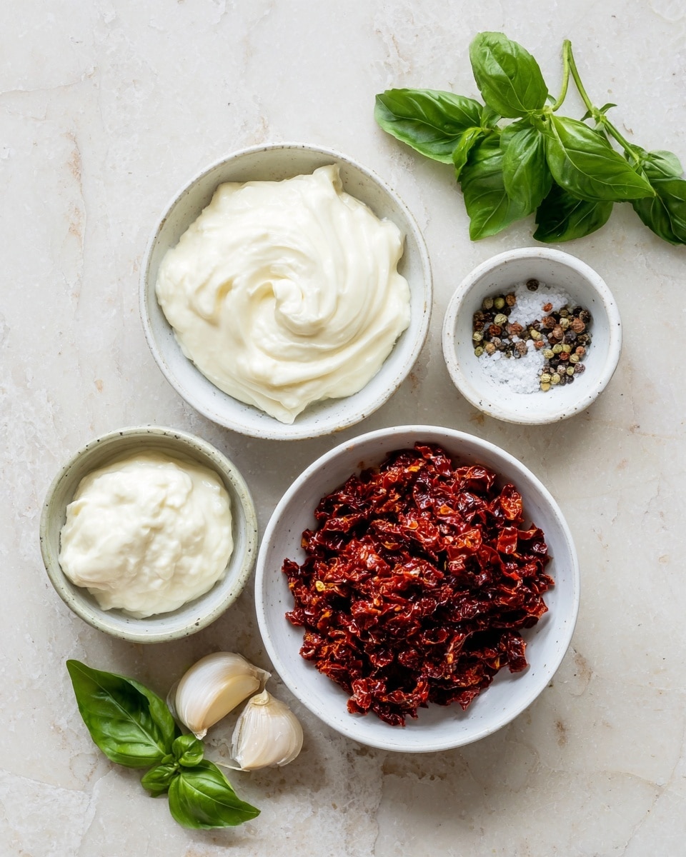The image shows four small white bowls arranged on a white marbled surface. The largest bowl in the center holds a pile of finely chopped sun-dried tomatoes, deep red in color with a slightly rough texture. Below it, another bowl contains thick, smooth white cream with a soft swirl pattern on top. To the left, a bowl filled with a pale, creamy white sauce also has a smooth texture with gentle waves. Above the largest bowl, a small bowl with coarse salt and cracked black pepper is placed. Fresh green basil leaves and one garlic clove rest beside the bowls, adding a touch of natural green and pale purple to the scene. Photo taken with an iphone --ar 4:5 --v 7