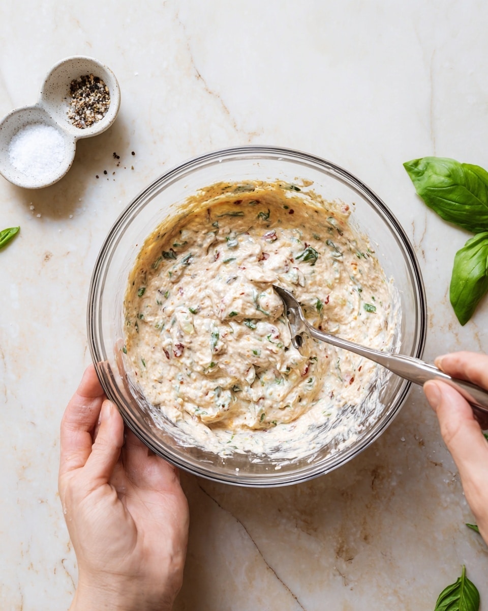 A clear glass bowl is held by a woman's hand on the left side, filled with a creamy mixture that has a light beige color with green herb pieces and small red bits throughout. A woman's hand on the right holds a silver spoon stirring the thick, textured mix inside the bowl. The background is a smooth white marbled surface with a small white bowl of salt and pepper nearby, and a few green basil leaves scattered around. photo taken with an iphone --ar 4:5 --v 7