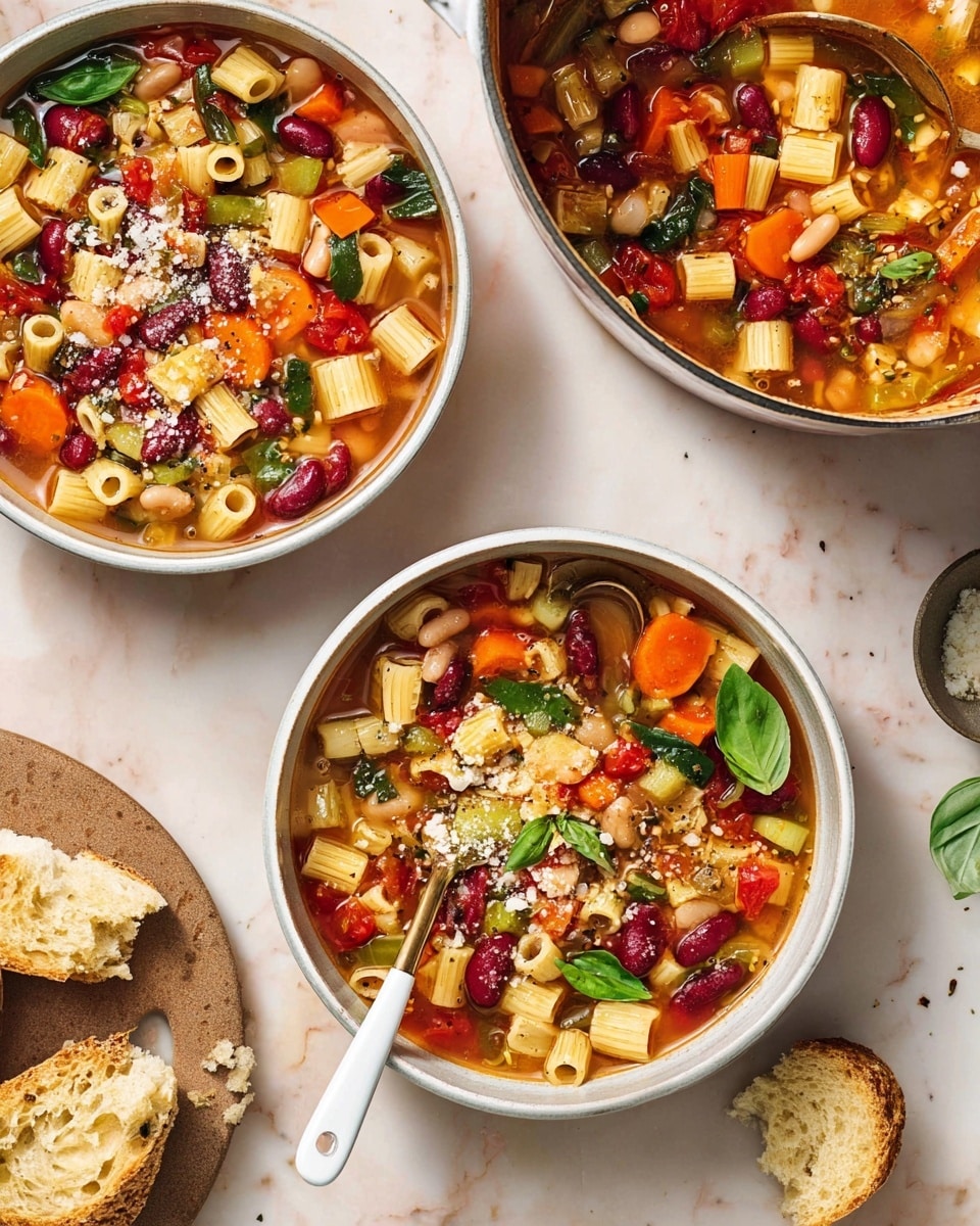 A white oval pan filled with a colorful vegetable soup showing many layers and textures; the base layer is a rich red tomato broth, mixed with diced orange carrots, green celery, and white pasta rings; scattered dark red kidney beans are visible throughout; fresh chopped green herbs are sprinkled on top, adding a fresh look; a silver ladle and a spoon are placed inside the pan, slightly submerged in the soup; the pan is set on a white marbled surface with a small white bowl of red chili flakes and a block of yellow cheese nearby; the light highlights the glossy and hearty texture of the soup, creating a warm and inviting feel photo taken with an iphone --ar 4:5 --v 7