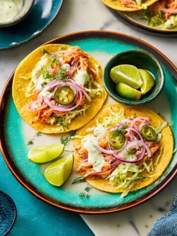 Mediterranean-Style Salmon Tacos with Cabbage Slaw and Tzatziki Recipe