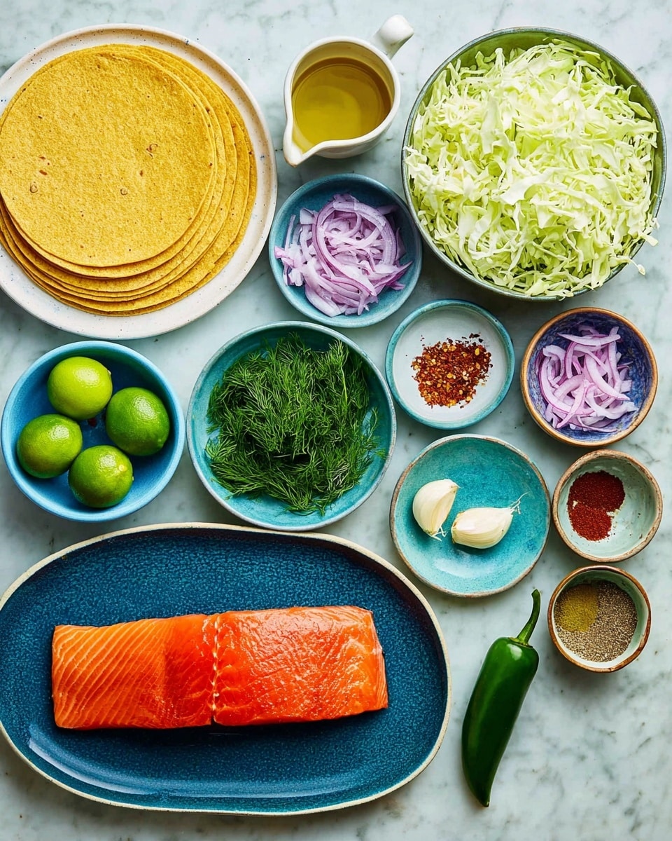 The image shows an arrangement of ingredients on a white marbled surface, including a large piece of bright orange salmon fillet placed on an oval blue plate at the bottom left. To the top left, there is a stack of yellow corn tortillas on a white plate. Surrounding these main items are small bowls with various colorful ingredients: three green limes on a blue plate, shredded pale green cabbage in a large white bowl, fresh green herbs including cilantro and dill on a blue plate, thinly sliced red onions mixed with some seasoning in another blue bowl, a small white cup filled with golden oil, and multiple small light green and blue bowls holding spices such as red chili flakes, brown cumin, and white salt, as well as two cloves of garlic. A single green jalapeño pepper is placed near the tortillas. Everything is laid out neatly, showing fresh and vibrant components. photo taken with an iphone --ar 4:5 --v 7
