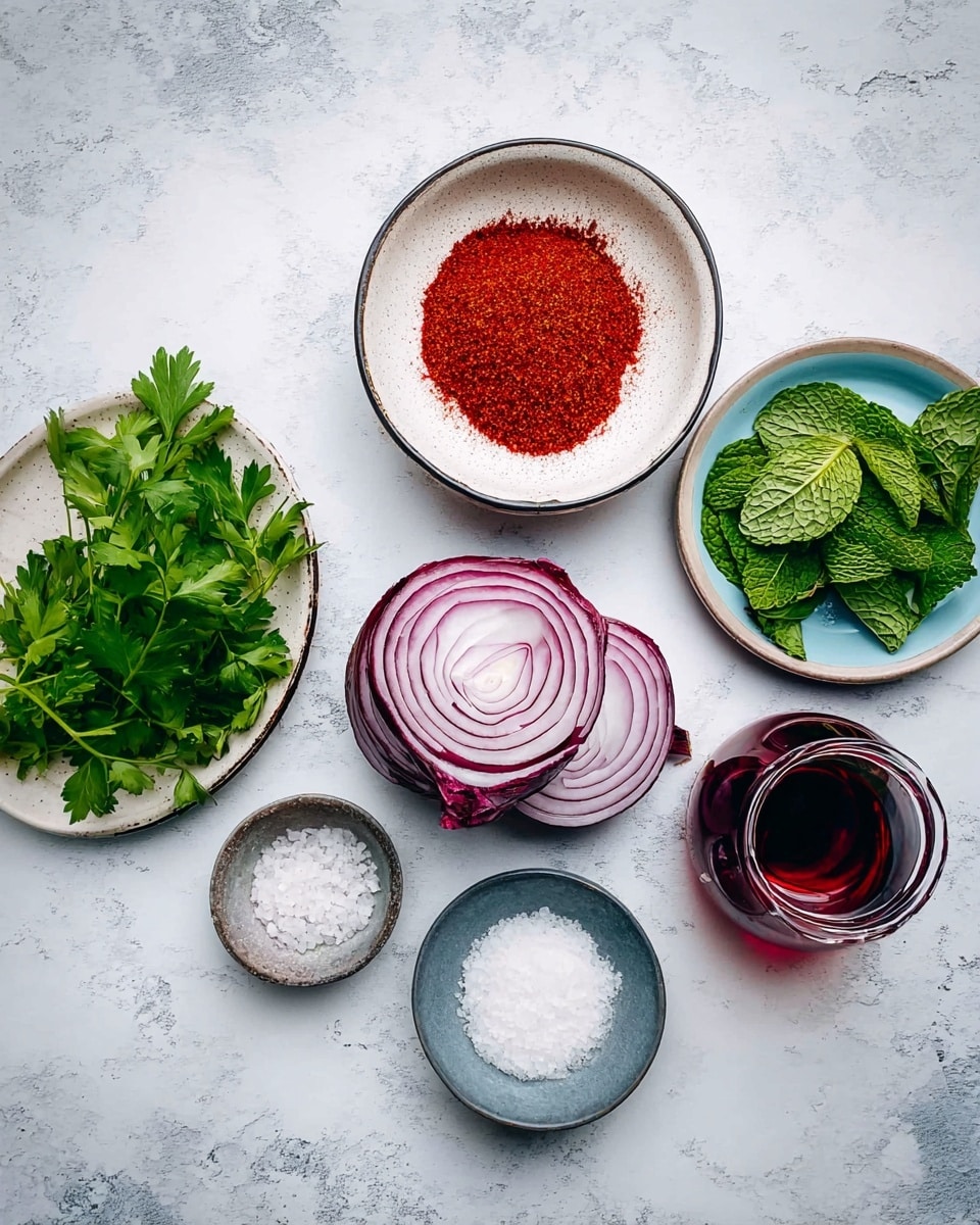 The image shows six cooking ingredients on a white marbled surface: at the center, two halves of a red onion with purple layers and pale rings; above, a white bowl filled with bright red chili powder; to the left, a white plate with fresh green parsley leaves; to the right, a white plate holding bright green mint leaves; below the onion, a small gray bowl with coarse white salt; and at the bottom right, a clear glass jug with dark red liquid. photo taken with an iphone --ar 4:5 --v 7
