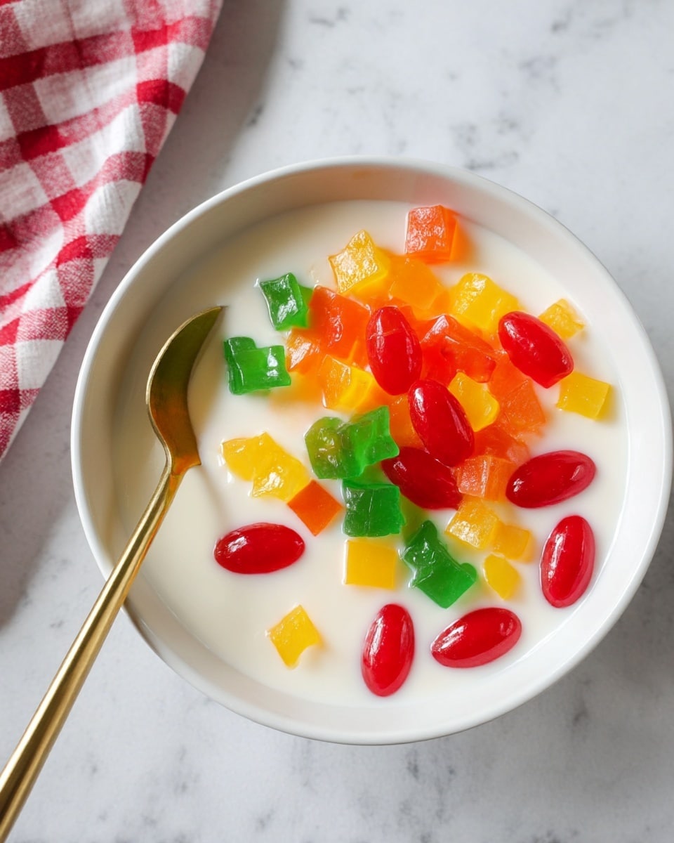 A white bowl filled with a creamy white liquid base holds a colorful mix of cubed jelly-like pieces in bright orange, yellow, green, and red colors sitting on top, with some scattered inside the liquid. The green cubes are shiny and smooth, located toward the front, while the red oval-shaped pieces are glossy and grouped near the center. Small yellow and orange cubes add more color, positioned around and underneath the red and green pieces. A gold spoon rests inside the bowl, angled towards the bottom left. The bowl is placed on a white marbled surface with a red and white checkered cloth visible in the top left corner. Photo taken with an iphone --ar 4:5 --v 7