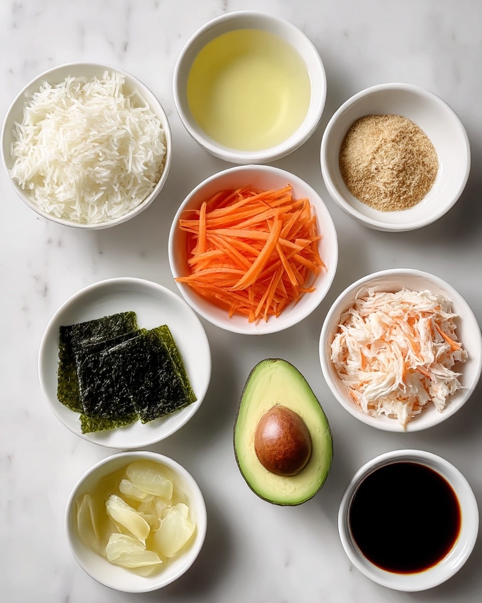 The image shows eight small white bowls arranged neatly on a white marbled surface. From the top left, the first bowl holds white, fluffy cooked rice. To its right, there is a bowl with clear light yellow liquid, followed by a bowl containing coarse light brown sugar. Next to it is a bowl filled with thin, bright orange carrot strips. Below, there is a bowl with a few dark green square seaweed sheets, and to its right, a bowl containing two avocado halves, one with a large brown seed and the other with a hollow. On the bottom left, a small bowl holds pale yellow thin slices, likely pickled ginger. To its right, a bowl contains white and light orange shredded crab meat. The last bowl on the bottom right has dark, almost black soy sauce. All are shown clearly and neatly on the smooth white marbled surface. photo taken with an iphone --ar 4:5 --v 7
