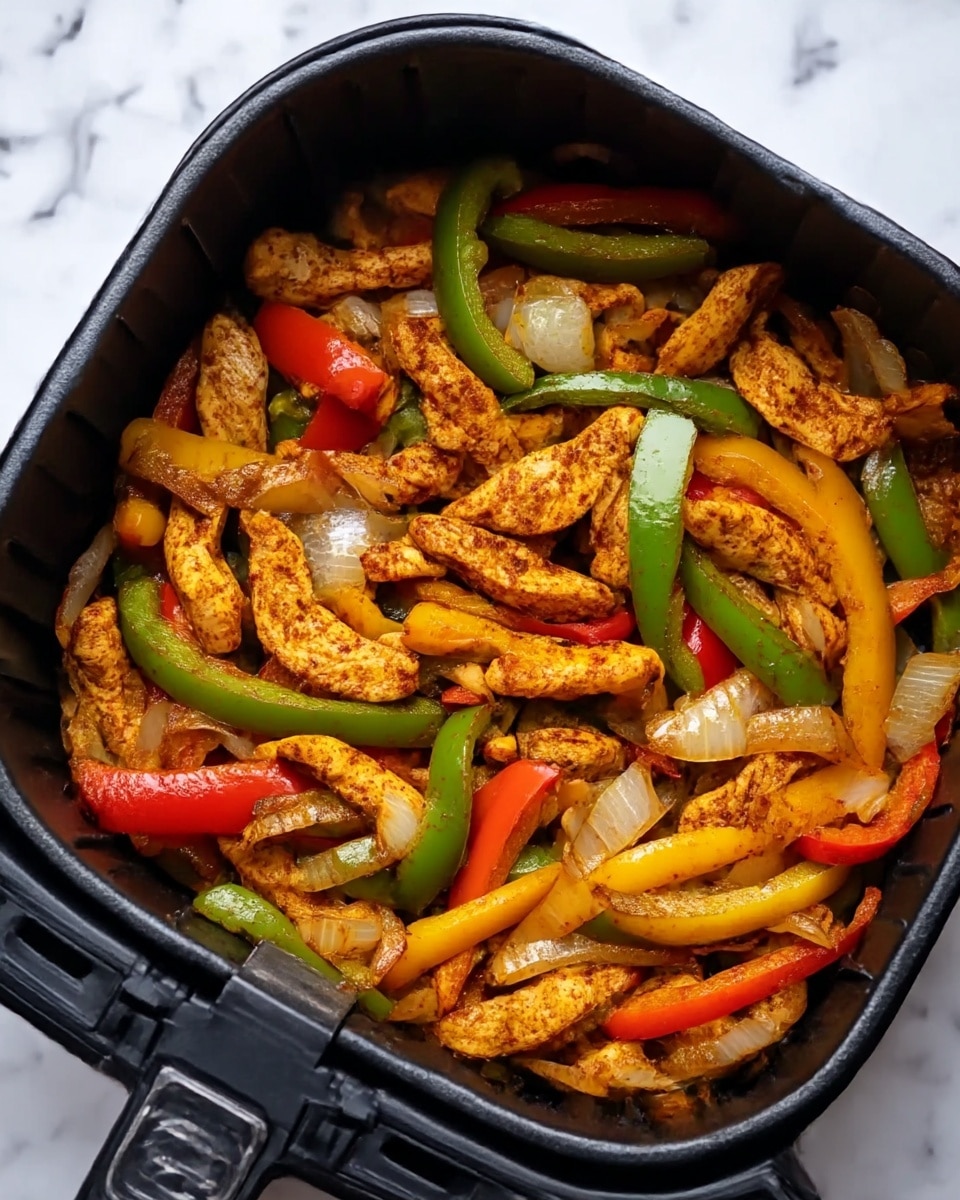 The image shows a black air fryer basket filled with cooked strips of seasoned chicken mixed with sautéed sliced bell peppers in green, red, and yellow, along with translucent sautéed onion slices. The chicken pieces are golden brown with a light reddish spice coating, while the vegetables appear soft and slightly caramelized, all layered evenly together inside the basket. The background is a white marbled texture. photo taken with an iphone --ar 4:5 --v 7