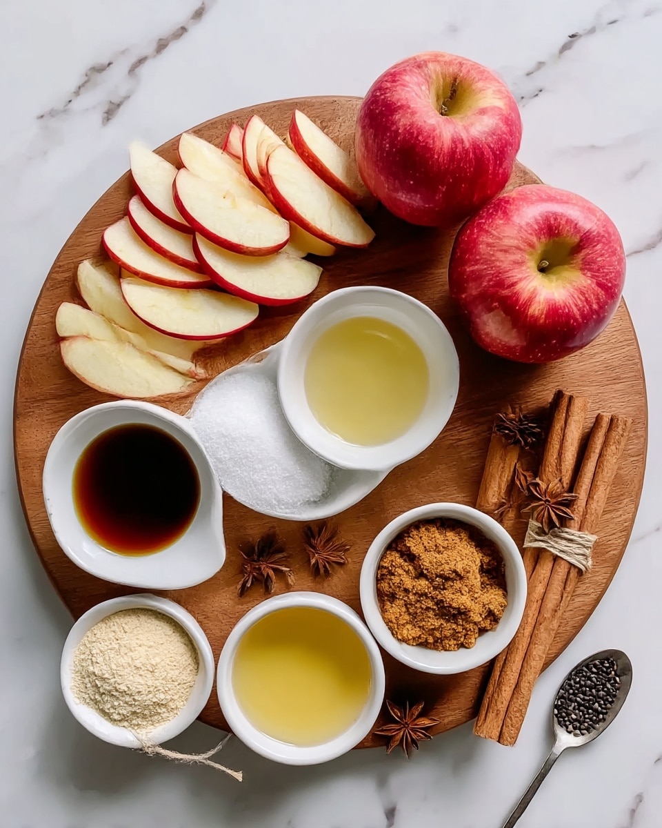 A round wooden board sits on a white marbled surface, holding two whole red apples on the top right and a small white bowl filled with thinly sliced red and white apple pieces on the top left. Next to the apple slices are more apple slices fanned out on the board. Near the center are two small white bowls, one filled with white sugar and the other filled with a clear yellow liquid. Below these bowls is a small white bowl with brown crumbly sugar and another small white bowl filled with a dark brown liquid. On the lower left side of the board is a small white bowl full of pale powder, a small pile of ground cinnamon, and three cinnamon sticks tied together with string. There are star anise and a spoon with dark seeds on the right side of the board. The photo taken with an iphone --ar 4:5 --v 7