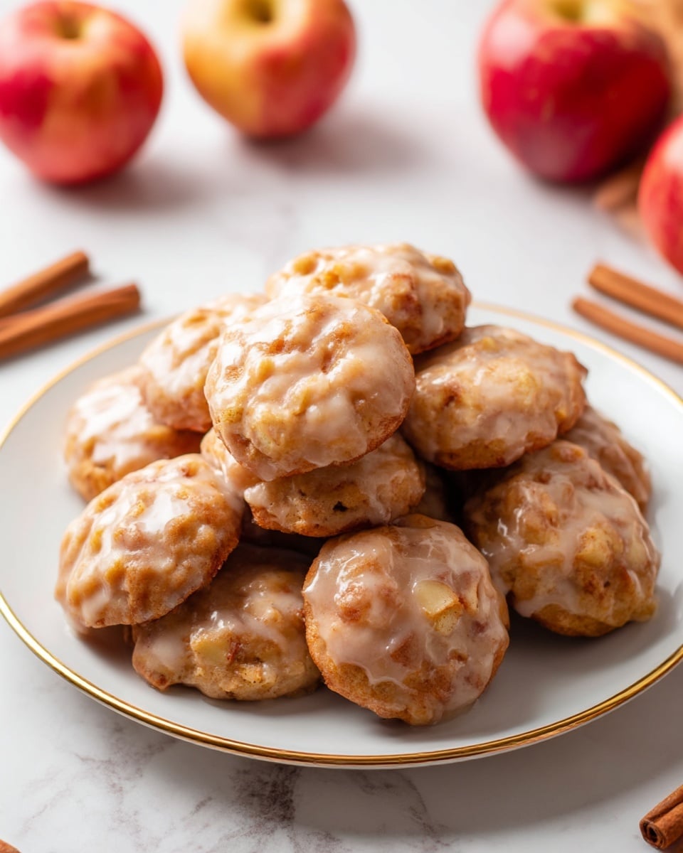 A pile of round, golden-brown cookies sits on a white plate with a thin gold rim, each cookie covered in a light, shiny glaze that gives them a slightly white and glossy texture. The cookies have a bumpy surface showing bits of apple inside, with some parts browned and others paler under the glaze. The plate is placed on a white marbled surface with scattered red apples and some cinnamon sticks in the soft background, creating a warm and cozy feel. photo taken with an iphone --ar 4:5 --v 7