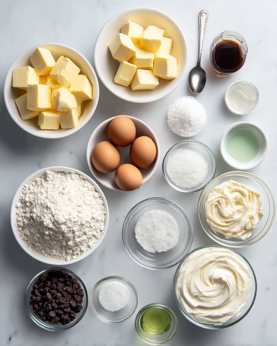 The image shows a neat layout of baking ingredients on a white marbled surface, arranged in white bowls and clear glass containers. There are two bowls filled with cubed butter, one in the top left and one in the bottom right, both showing soft yellow cubes. A large bowl of white flour lies at the bottom left with a mound texture. Four brown eggs sit in a white bowl near the center. A bowl of small dark chocolate chips is on the left side. A bowl of white granulated sugar with a smooth texture is at the top right. A bowl of thick white cream or sour cream with a swirled surface is on the right side. Small bowls contain white salt, clear liquid, green liquid, and a tiny amount of a powdery white substance. A small glass jar with dark brown vanilla extract is near the cream. A silver spoon sits next to the butter in the top left. Photo taken with an iphone --ar 4:5 --v 7