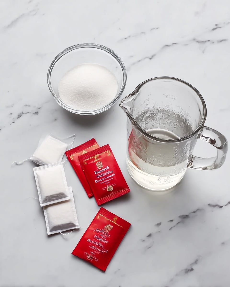 The image shows a clear glass pitcher with a handle on the right side placed on a white marbled surface. To the left of the pitcher, there are three red sachets labeled
