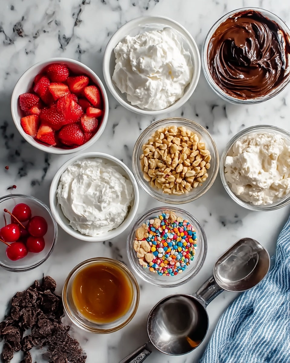 The image shows an array of small white bowls and clear glass bowls arranged on a white marbled surface. The bowls contain different colorful and textured ingredients: one filled with bright red strawberry pieces, another with shiny, smooth dark chocolate spread, a bowl of whipped white cream, a bowl of white ricotta cheese, one with crunchy light brown peanuts, another with multicolored round sprinkles, a bowl with broken dark chocolate chunks, and a bowl with crushed cookies or meringues. Near the bowls, there is a small glass bowl with a few red cherries on top, a small bowl with brown caramel sauce, and a metal measuring scoop resting on the marble surface close by. A blue-striped cloth lies folded on the right side. The lighting is natural, highlighting the texture and colors of each ingredient photo taken with an iphone --ar 4:5 --v 7