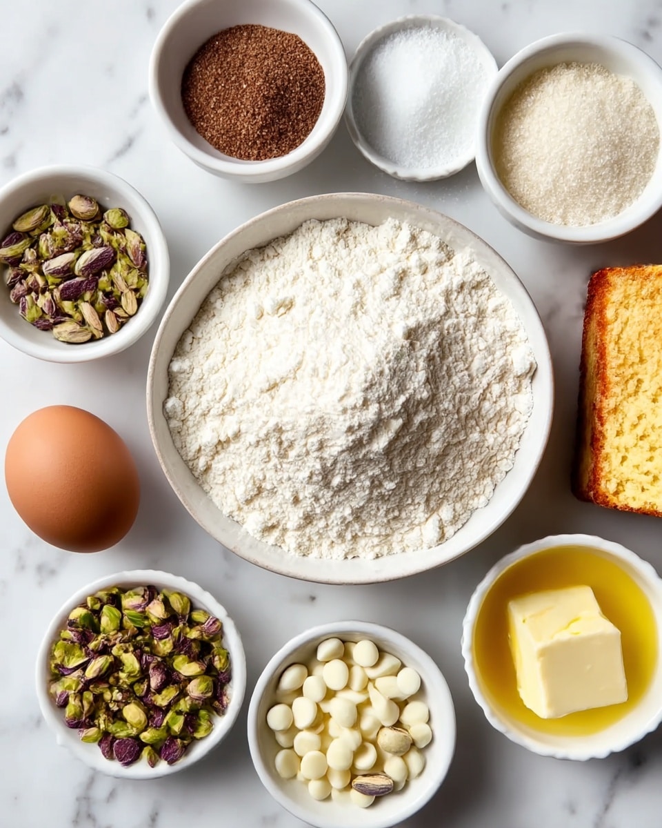The image shows a white ceramic bowl filled with a mound of white flour at the center. Surrounding the flour are small white bowls and dishes containing different ingredients: brown sugar grains, white sugar granules, chopped pistachios in green and purple hues, yellow melted butter on a white dish, and white small chocolate chips. There is also a single brown egg and a piece of golden-brown cake on the white marbled surface beneath them. The ingredients are neatly arranged in a circle around the flour bowl. photo taken with an iphone --ar 4:5 --v 7