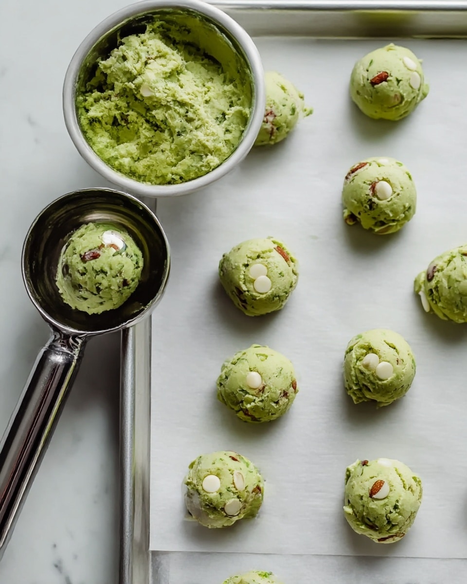 The image shows a close-up of green cookie dough with white chocolate chips and small nut pieces. There are nine scoops of dough neatly placed on white parchment paper on a metal baking sheet, arranged in a grid pattern. On the left side, there is a metal bowl filled with more of the same green dough, along with a shiny metal cookie scoop resting inside it. The whole scene is set on a white marbled surface, giving a clean and bright look. photo taken with an iphone --ar 4:5 --v 7