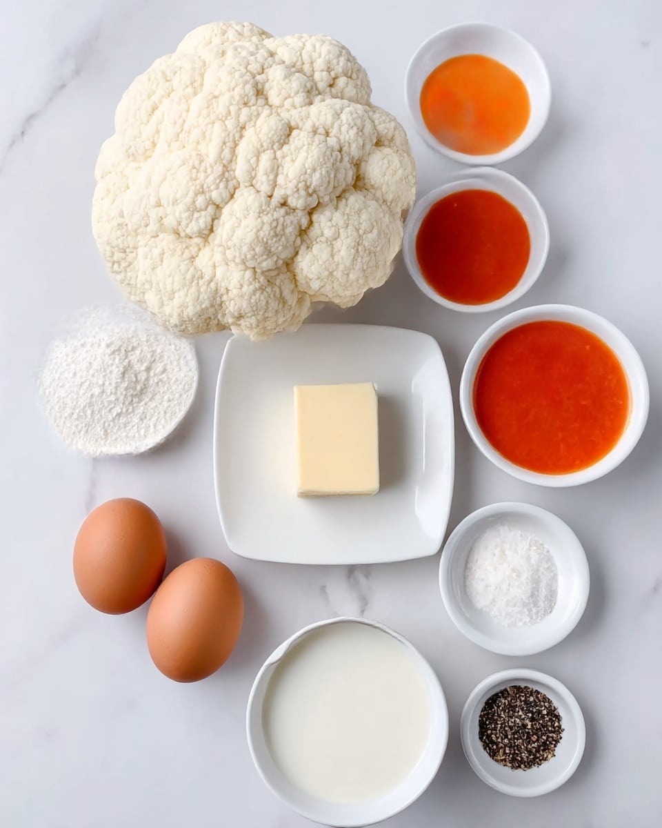 The image shows several cooking ingredients neatly arranged on a white marbled surface. In the center is a large head of cauliflower with a bumpy cream-white texture. Above it, there are three small white bowls: one with white flour, one with smooth bright orange sauce, and one with fine grated cheese. Next to these bowls is a square white plate holding a pale yellow block of butter. Below the cauliflower are two brown eggs placed side by side, and next to them is a white bowl filled with white milk. There is also a small white bowl containing a mix of black pepper and salt. The setup is clean and simple, with all items clearly visible and separated. photo taken with an iphone --ar 4:5 --v 7