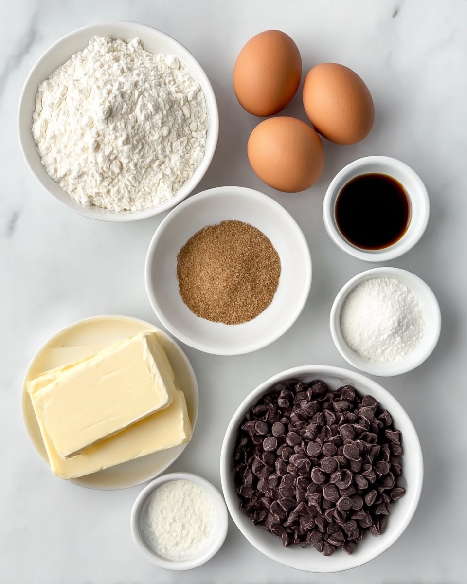 The image shows seven small white bowls and three brown eggs placed on a white marbled surface. Starting from the top left, there is a white bowl filled with white flour, next to three whole brown eggs positioned in a triangle shape. Below the flour bowl is a smaller white bowl with brown sugar, and under that is a white bowl with dark vanilla extract. To the right of the vanilla bowl is a small white bowl containing white powder, likely baking powder. At the bottom left is a white bowl with two thick slabs of pale yellow butter. On the bottom right, there is a larger white bowl filled with many small, dark brown chocolate chips. The ingredients are neatly arranged and separated, showing a variety of soft, powdery, and solid textures. Photo taken with an iphone --ar 4:5 --v 7