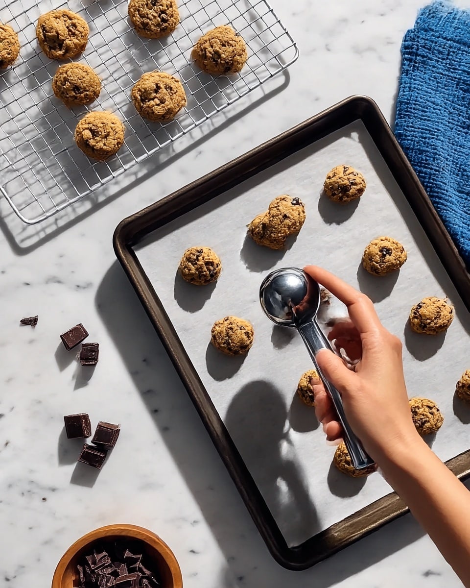A dark metal baking tray lined with parchment paper holds eleven small, round cookie dough balls that are light brown with dark chocolate chunks mixed throughout, spaced evenly across the tray. A woman's hand is using a shiny silver ice cream scoop to place another dough ball on the tray, creating a shadow on the surface below. To the left, there is a white metal cooling rack holding five baked cookies that are golden brown with visible dark chocolate chunks. Near the tray, a small wooden bowl contains several chunks of dark chocolate, with some pieces scattered on the white marbled surface. A blue textured cloth is placed in the top right corner of the image. The photo is taken with an iphone --ar 4:5 --v 7
