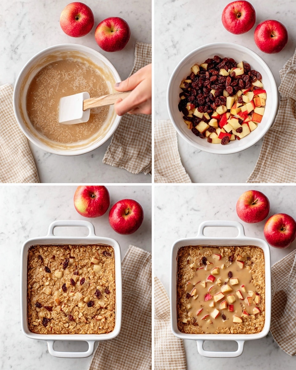 The image shows a four-step view of making a baked oatmeal dish. In the first step, a white bowl is filled with a mix of oats and milk, with a woman's hand stirring the mix using a white spatula with a wooden handle, all on a white marbled surface with red apples nearby. In the second step, the bowl contains the oatmeal mix topped with dark brown raisins and small diced pieces of red and yellow apples. In the third step, the mixture is poured into a white square baking dish with handles, filled with a light brown liquid base and scattered diced apple pieces across the top. The final step shows the fully baked oatmeal in the dish, now golden brown with crispy edges and the diced apples softened but visible. The setting includes red apples and a beige checkered cloth on the white marbled surface. photo taken with an iphone --ar 4:5 --v 7