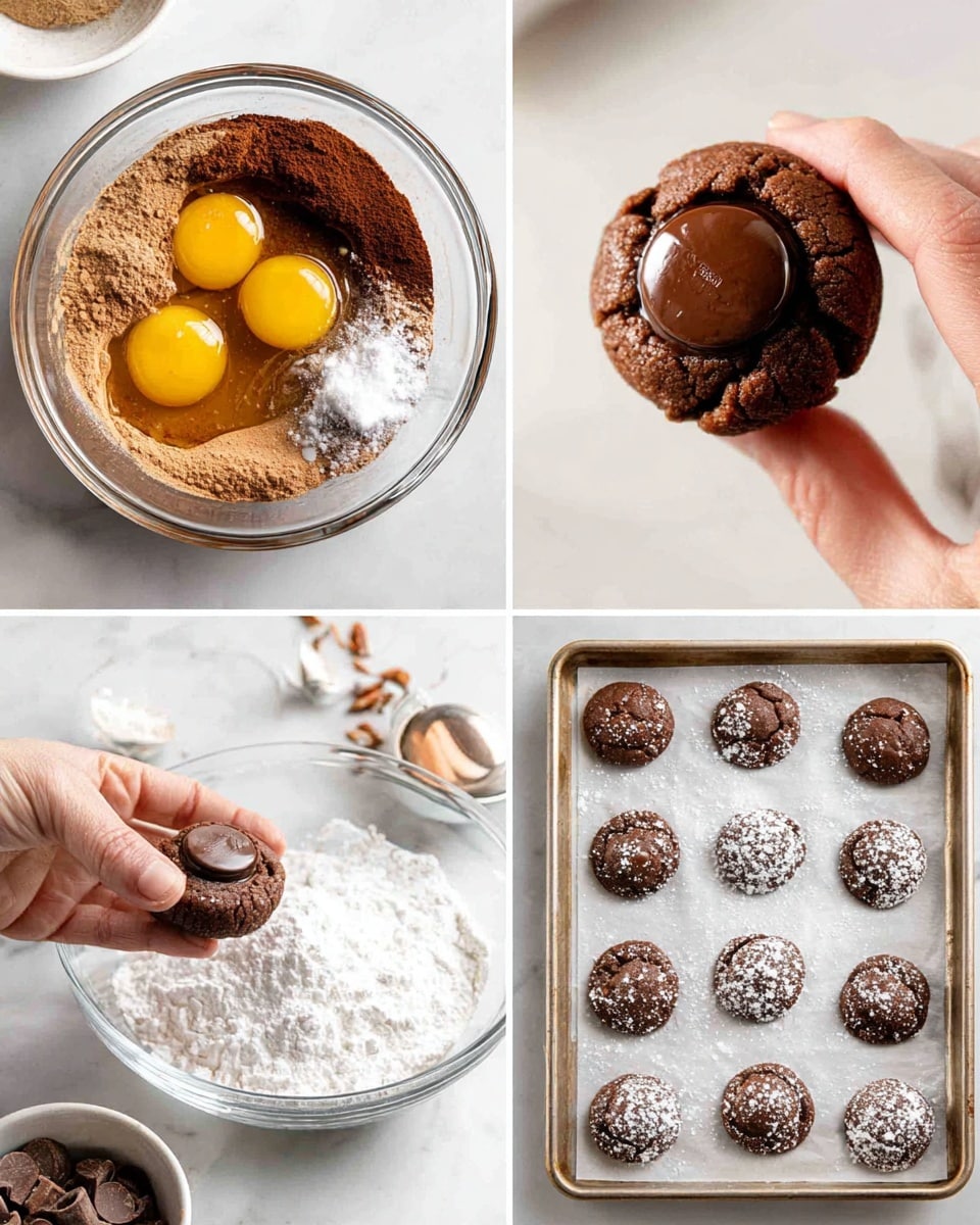 The image is divided into four sections showing different steps of making chocolate cookies. In the first section, there is a clear glass bowl filled with layers of dry chocolate powder forming a light brown base, darker cocoa powder, and wet ingredients on top including a shiny, golden layer of syrup and two whole bright yellow eggs in the center. The second section shows a close-up of a pair of fingers holding a dark brown, soft ball-shaped cookie dough with a shiny chocolate candy pressed into its center. The third section shows several round balls of the same dark brown dough being dipped in white powdered sugar on a white marble textured surface, with a small clear bowl of powdered sugar and chocolate candies nearby. The last section shows a baking sheet with a white parchment paper holding ten baked cookies, light brown with cracked textured tops and some white powdered sugar spots. photo taken with an iphone --ar 4:5 --v 7