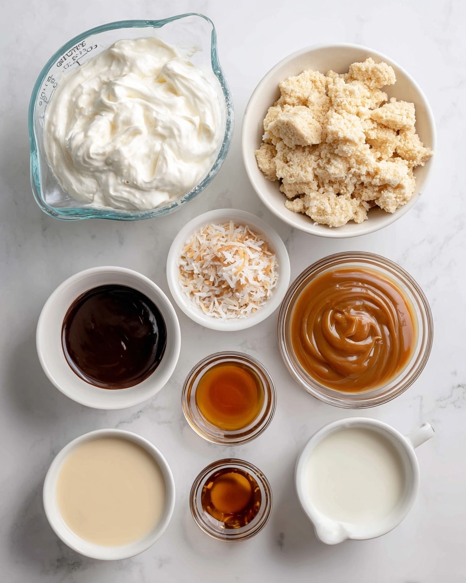 The image shows seven small white bowls and a clear measuring cup arranged on a white marbled surface. The clear measuring cup at the top left is filled with heavy whipping cream, which is white and frothy. To the right, a white bowl holds crumbled shortbread cookies in light beige with a crumbly texture. Below, another white bowl contains sweetened toasted coconut that is golden brown with some white shreds mixed in. Next to it, a glass bowl with caramel sauce presents a smooth, glossy amber-brown liquid. Below, a white bowl holds thick sweetened condensed milk, pale cream in color with a smooth texture. To the left, a small white bowl has shiny dark chocolate sauce. Beside it, there is a tiny white bowl filled with amber vanilla extract, and a small clear bowl with coconut extract next to it. All items are neatly arranged and well lit, photo taken with an iphone --ar 4:5 --v 7