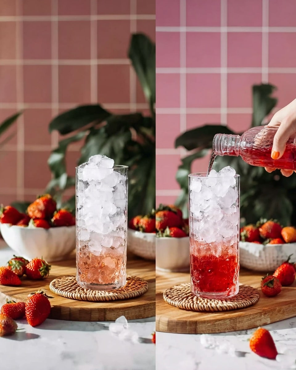 The first image shows two tall clear glasses filled with crushed ice, sitting on round woven coasters placed on a wooden board. Around the board, there are several fresh strawberries scattered, and in the background, there is a white bowl full of strawberries and some green plants with a pink tile wall behind. The second image is similar but shows a woman's hand pouring a red liquid from a pour spout bottle into one of the glasses filled with ice. Both glasses situated on the wooden board remain surrounded by strawberries, with the same pink tile wall and green plants in the background. The setting is bright and fresh. The surface beneath the wooden board is a white marbled texture photo taken with an iphone --ar 4:5 --v 7