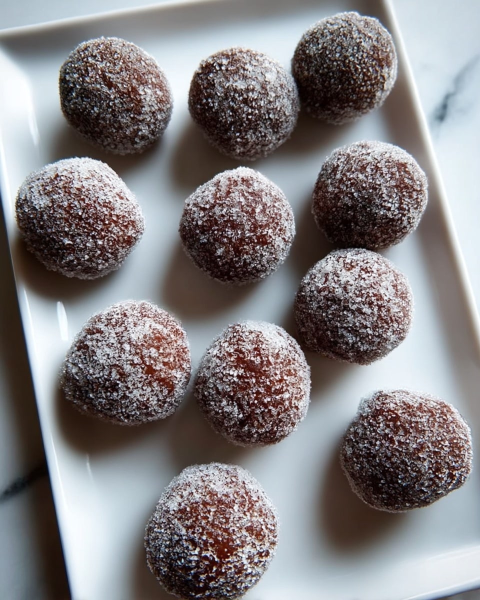 The image shows eleven round chocolate balls covered evenly in granulated sugar, placed on a white rectangular plate. Each chocolate ball has a rough texture from the sugar layer and appears dense with a dark brown color underneath. The balls are arranged loosely with some space between them on a white marbled surface. photo taken with an iphone --ar 4:5 --v 7