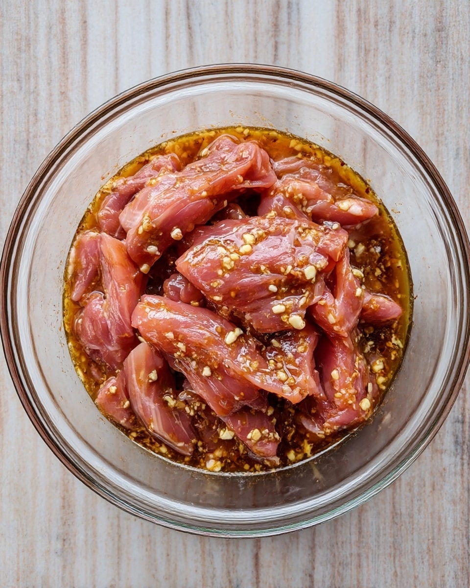 In a clear glass bowl filled with raw pink meat slices soaked in a shiny brown marinade with small bits of minced garlic and spices spread throughout, the meat pieces are irregularly shaped and overlapping each other, creating a textured surface. The bowl sits on a white marbled texture that contrasts with the glossy appearance of the meat and marinade, highlighting the wet and fresh look of the ingredients. photo taken with an iphone --ar 4:5 --v 7