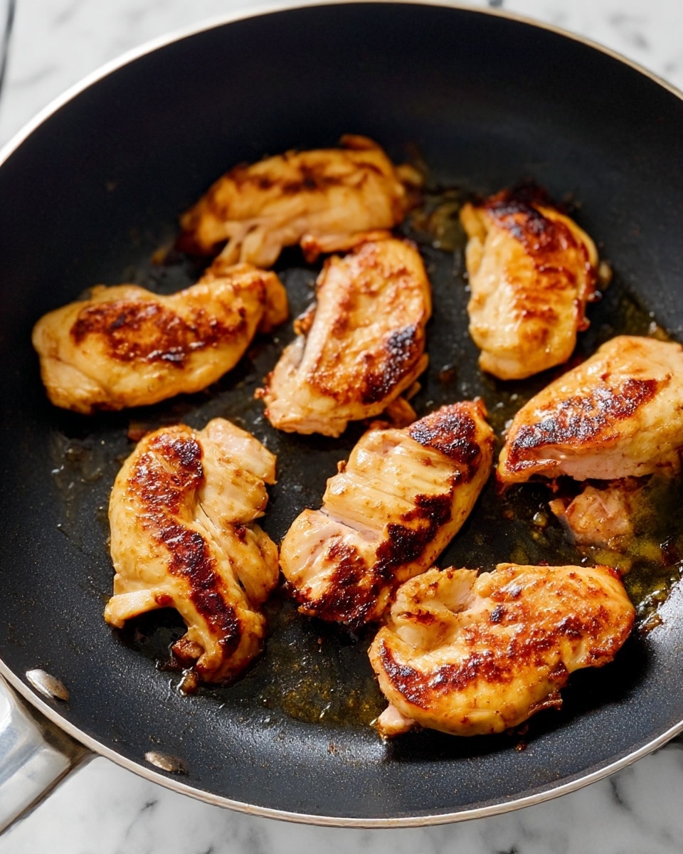 The image shows a close-up of seven pieces of cooked chicken in a black non-stick pan. Each piece has a golden-brown color with some darker charred spots, giving a grilled texture. The chicken pieces are uneven in shape and size, spread across the pan, with some juices visible around them. The pan sits on a surface with a white marbled texture, creating a clean and bright contrast with the dark pan. Photo taken with an iphone --ar 4:5 --v 7