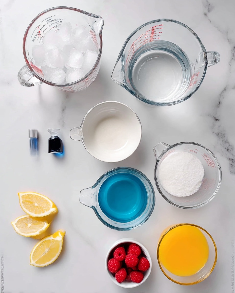 The image shows a top-down view of various ingredients placed neatly on a white marbled surface. At the top left is a clear measuring cup filled with ice cubes, next to a larger clear glass measuring cup filled with water on the right. Below the ice, there is a small round white bowl with bright blue liquid inside, with a small vial of dark blue liquid next to it on the left. Below that is a clear measuring cup of water in the center. To the right of the water is another clear measuring cup filled with white granulated sugar, and next to it on the bottom right is a similar cup with orange juice. At the bottom left, three thin slices of lemon are arranged in a fan shape, and next to them is a small white ramekin filled with fresh raspberries. photo taken with an iphone --ar 4:5 --v 7
